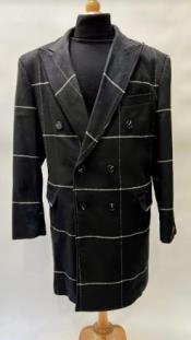 Black Plaid Overcoat - Wool Topcoat With WindowPane Pattern Double Breasted Style