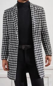 Men Houndstooth Lapel Collar Single Breasted Tweed Overcoat