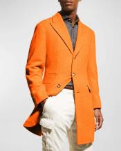Mens Wool Carcoat - Hot Orange Three Quarter Peak Lapel Topcoat