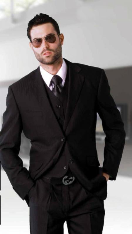 Italian Super 150s Wool 3 Pc Vested Suit Black Shadow Stripe Tone on Tone